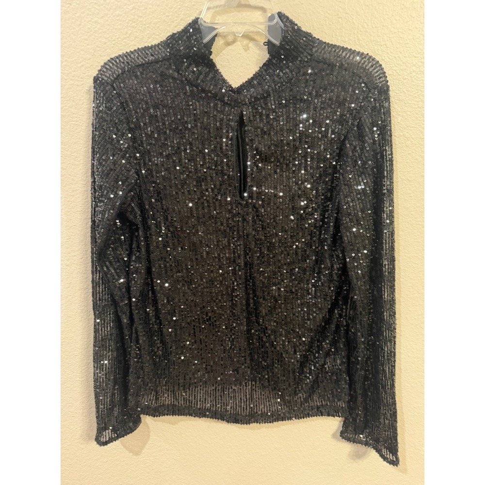 CeCe Black Sequins Mock Neck Long Sleeve Blouse Women's Size Medium